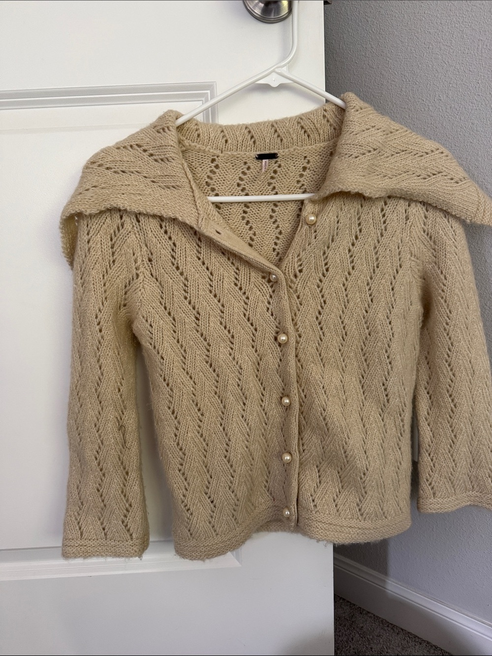 Free People Pearl-Button Openwork Knit Cardigan in Beige